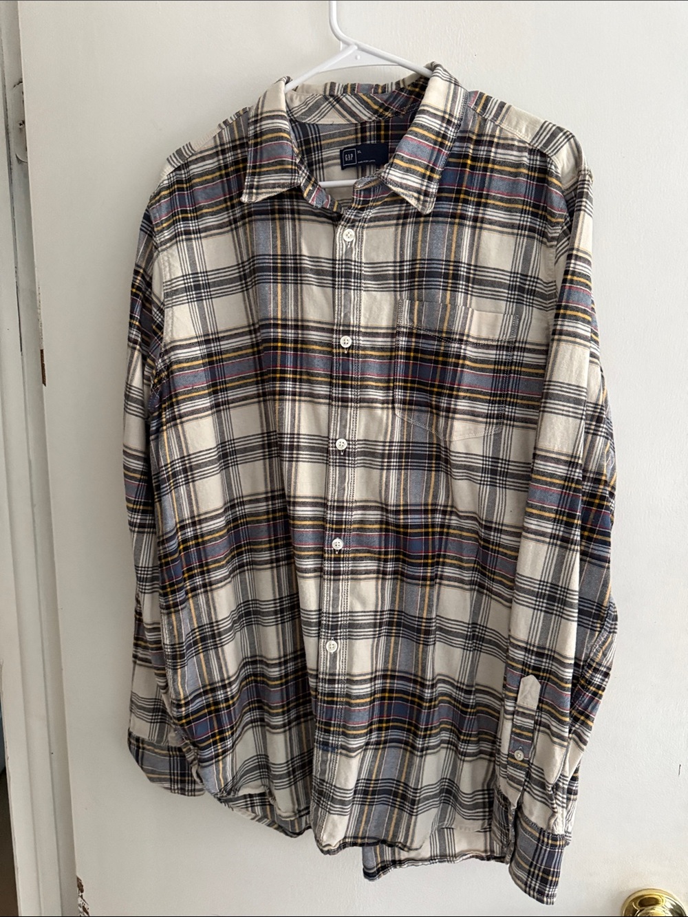 GAP Men’s Cream Plaid Button-Up Shirt with Blue and Yellow Stripes